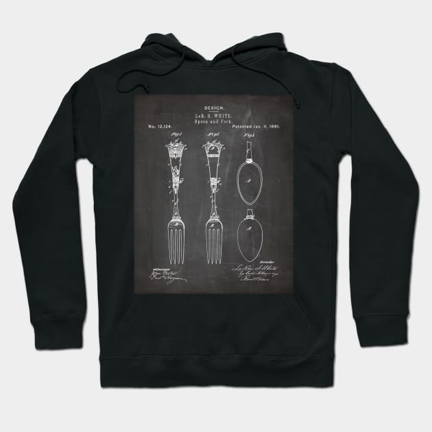 Kitchen Fork Spoon Patent - Chef Cook Farmhouse Décor Art - Black Chalkboard Hoodie by patentpress